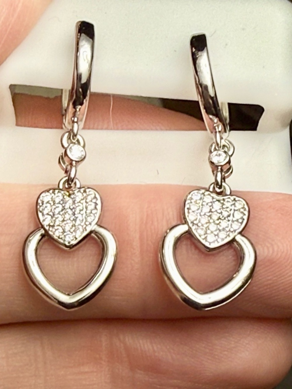 Silver Heart Drop Earrings with Moissanite Diamond Hearts